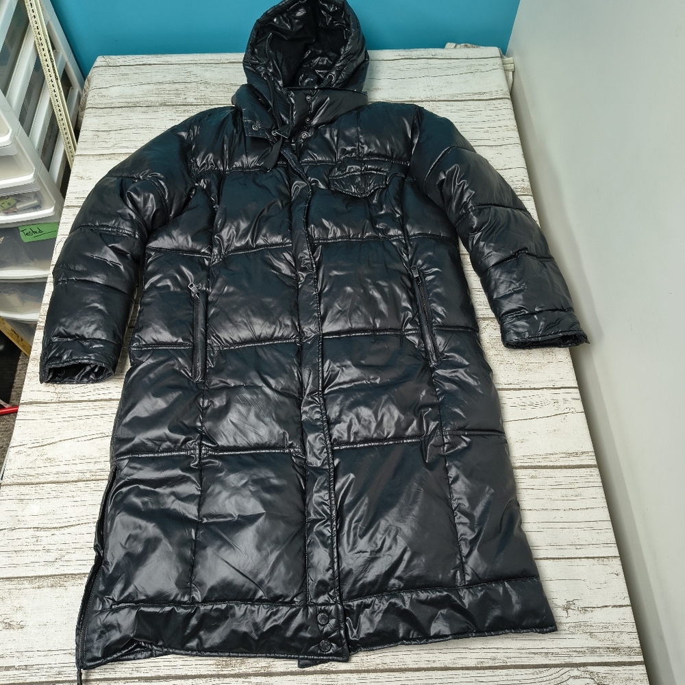 Avec Les Filles Anthropologie Shiny Black Long Puffer Parka Women Size Large